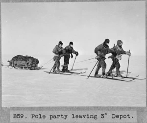 Members of the British Antarctic Expedition of 1910-1913 leaving the 3 degree depot - Photograph taken by Henry Robertson Bowers
