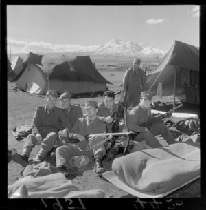Soldiers for Malaya camped on the central plateau near Mount Ruapehu