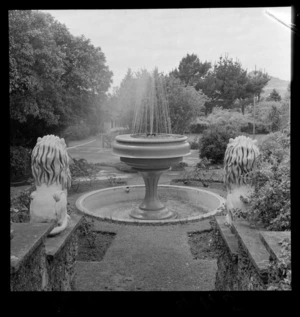 Fountain and lions in the garden of 'Homewood', Karori, Wellington