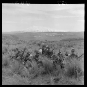 Soldiers for Malaya in tussock on the central plateau, near Mount Ruapehu