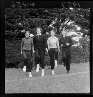 Four unidentified women warming up for athletics at Hataitai Park, Wellington