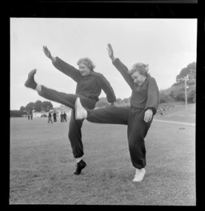 Two unidentified women warming up for athletics at Hataitai Park, Wellington