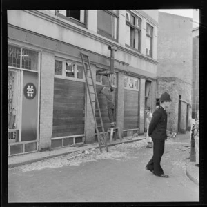 Shops in Bond Street adjacent to the Hot Dog Cafe in Farish Street, that were damaged in an explosion, Wellington