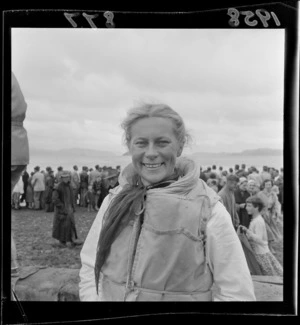 Mrs Grace Walker of Sydney, on the beach at a speedboat regatta, Petone