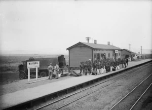 Group of soldiers on platform, Waiouru Railway Station