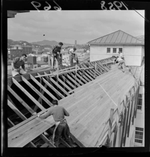 Roof being built on top of City Council Building, Wellington