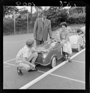 Traffic training, Karori School, Wellington, children learning about the pedal cars