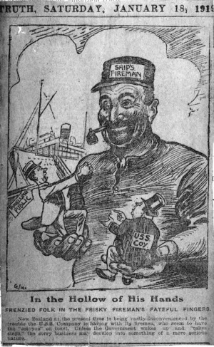 Photograph of a cartoon, by an unidentified artist, depicting a USS Company fireman holding the travelling public and the USS Company in its hands