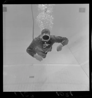 A diver from the Hutt Valley Drainage Board at Naenae Pool, Lower Hutt