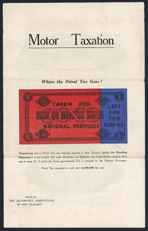 Automobile Associations of New Zealand :Motor taxation; where the petrol tax goes! Taken for national purposes; left for the roads [ca 1933]