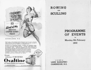British Empire Games, Auckland, New Zealand, 1950 :Rowing. Monday, 6th February at Karapiro Lake, Cambridge. Official programme. 1950.[Title and facing pages].