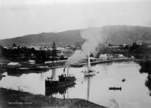 Ships on the Whangarei river and the view looking towards Whangarei township