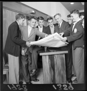 Unidentified members of the Young Men's Christian Association with Lower Hutt Mayor Percy Dowse