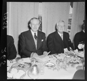 Sir (Maurice) Harold Macmillan, British Prime Minister, and Sir Walter Nash, Prime Minister of New Zealand, at luncheon, Wellington