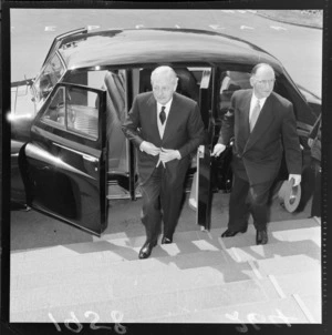 Sir (Maurice) Harold Macmillan, British Prime Minister, and Sir Walter Nash, Prime Minister of New Zealand, arriving for luncheon, Wellington