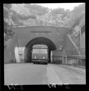 Trolley bus going through the Mount Victoria car tunnel, Wellington