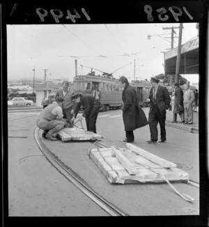 Two large packages of sheet steel blocking the tram tracks, Wellington