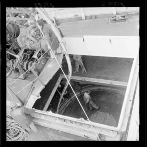 The Cook Strait cable being coiled into the hold of the ship Matai