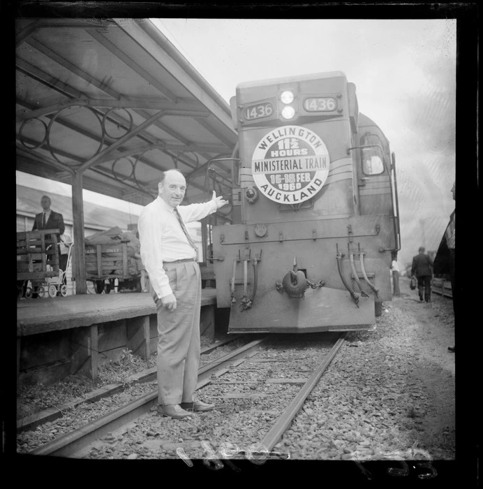 Michael Moohan, Minister for Railways, in front of record breaking 'Moohan Rocket' special ministerial train at Palmerston North Railway Station