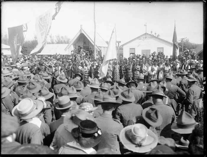 Return of the Maori Pioneer Battalion, Putiki Pa, Wanganui district, New Zealand