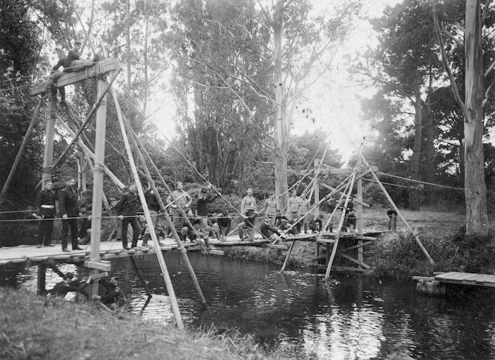 Volunteer military engineers building a bridge, Hagley Park, Christchurch