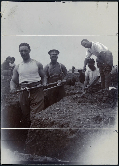 Peter Buck, and other World War 1, Pioneer Battalion soldiers, digging a trench in Malta
