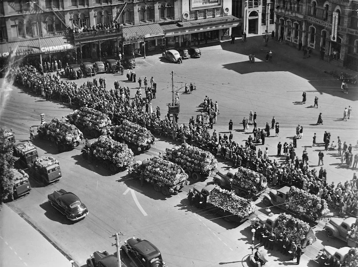 Trucks with wreaths in Cathedral Square, Christchurch, during the funeral service for victims of the Ballantyne's Department Store fire,
