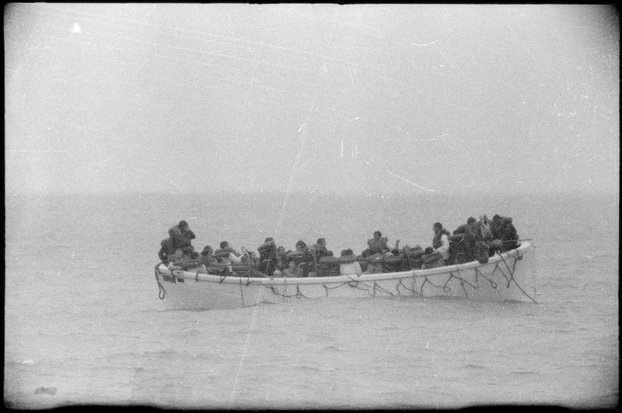 Survivors from the Wahine shipwreck in a lifeboat, Wellington