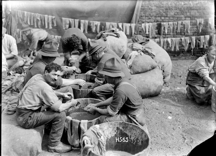 Soldiers busy washing socks during World War I, France