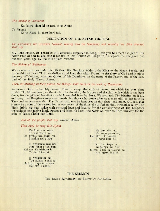Service of thanksgiving and benediction for the centenary and restoration of Rangiatea, 1848-1948. Otaki, at 11 a.m. on Saturday, 18 March 1950. Order of service. Page 5.