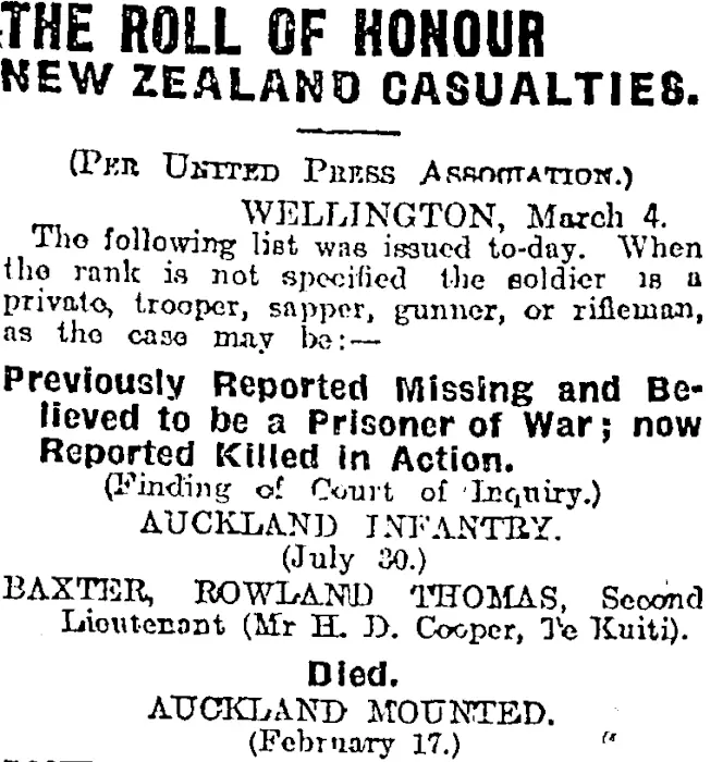 THE ROLL OF HONOUR (Otago Daily Times 5-3-1918)