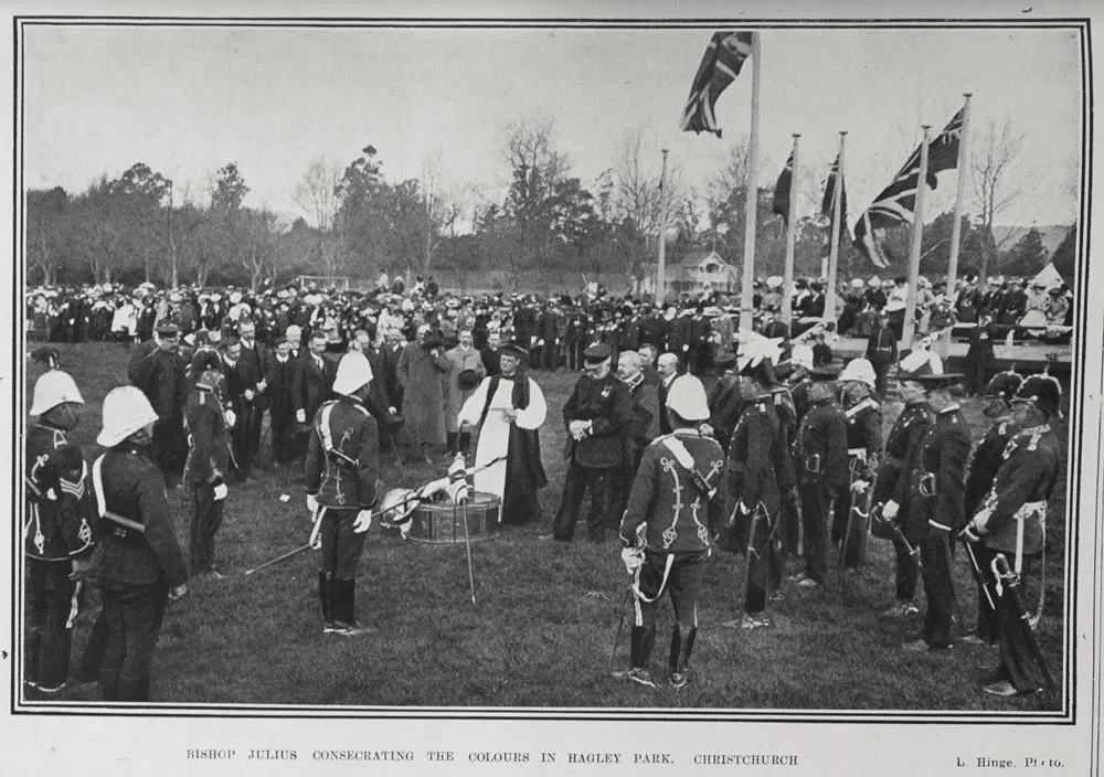 BISHOP JULIUS CONSECRATING THE COLOURS IN HAGLEY PARK, CHRISTCHURCH.