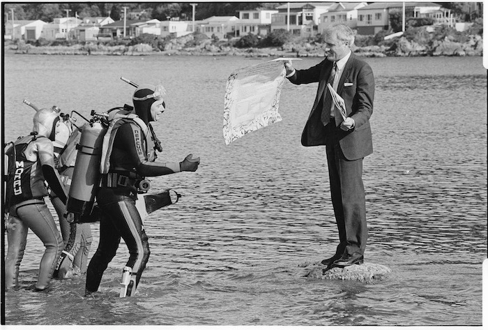 Environment Minister, Geoffrey Palmer with petition from inhabitants of the sea - Photograph taken by Phil Reid