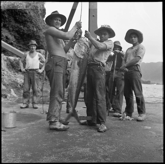 Niuean men with large kingfish, Raoul Island, Kermadec Islands