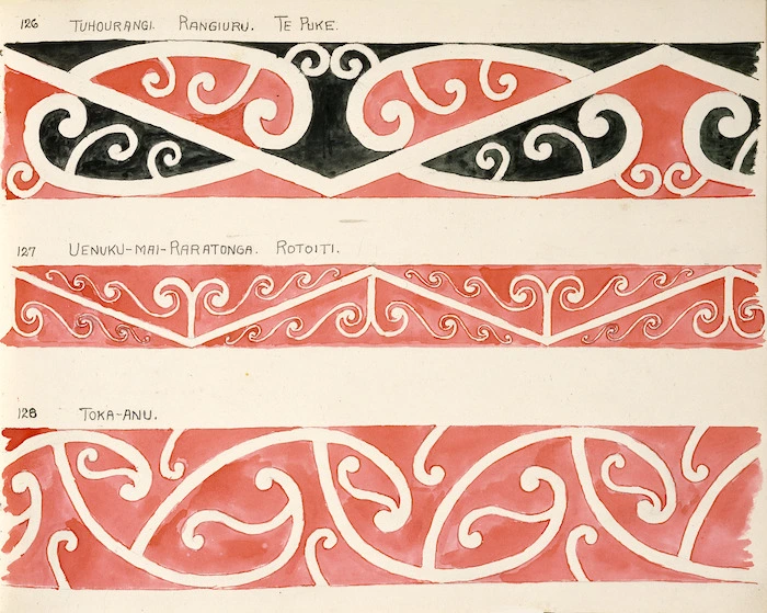 Godber, Albert Percy, 1876-1949 :[Designs for rafter patterns]. 126. Tuhourangi, Rangiuru, Te Puke; 127. Uenuku-Mai-Raratonga, Rotoiti; 128. Toka-Anu. [1940-1942?].
