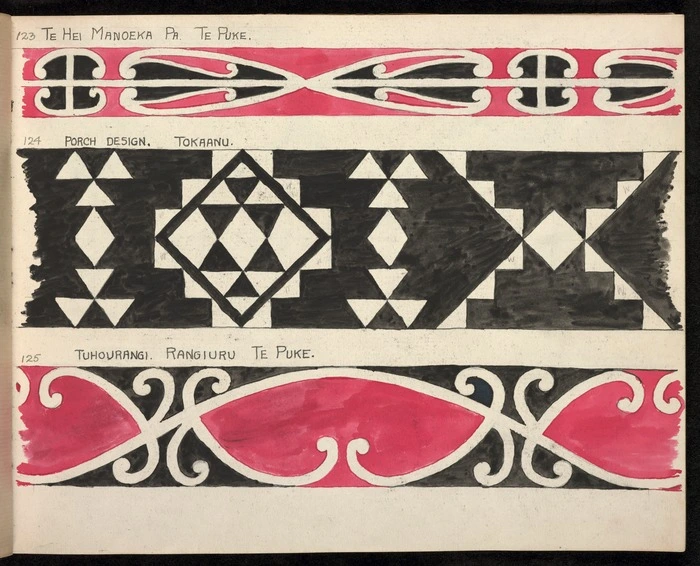 Godber, Albert Percy, 1876-1949 :[Designs for rafter patterns]. 123. Te Hei Manoeka Pa, Te Puke; 124. Porch design, Tokaanu; 125. Tuhourangi. Rangiuru, Te Puke. [1940-1942?].