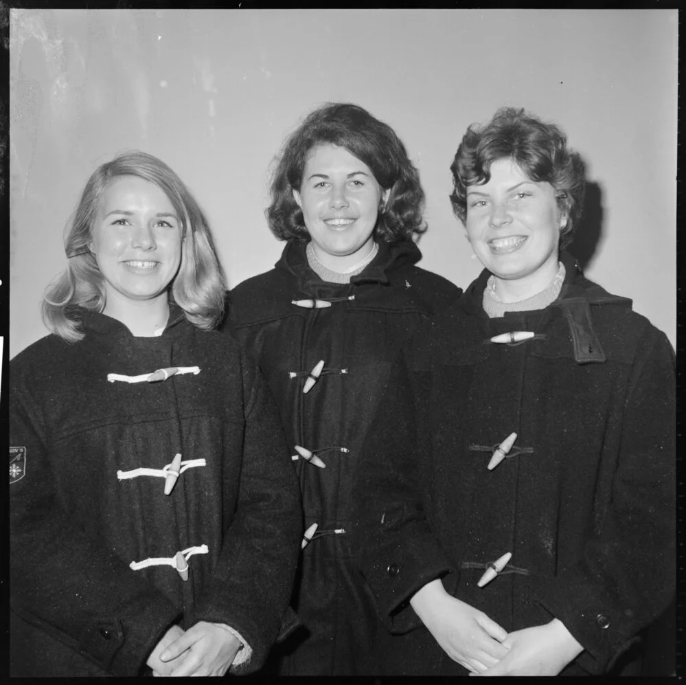Australian hitch-hikers at Mount Maunganui - Australian hitch-hikers in Mount Maunganui. L-R: Misses R. Kitchingman, L. Bowron and J. Davidson. Published 12 August 1965.