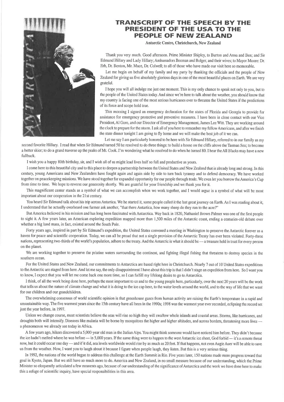Transcript of President Bill Clinton's speech at the Antarctic Centre