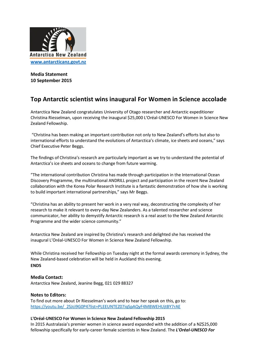 PR - Top Antarctic scientist wins inaugural For Women in Science accolade