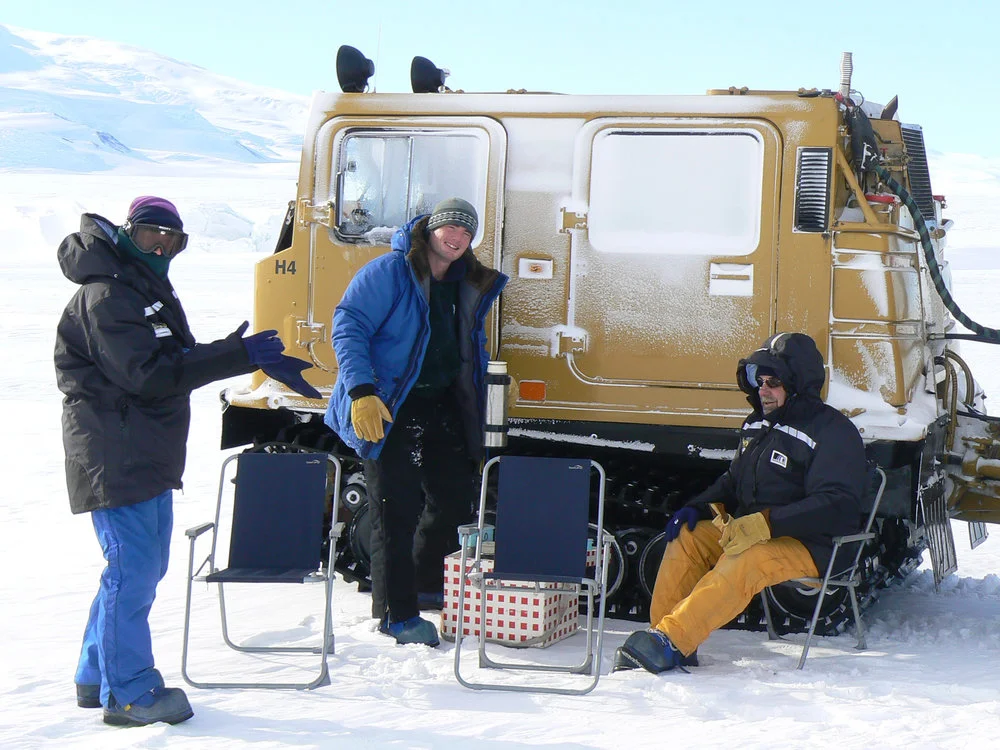 Picnic lunch at Erebus Ice Tongue, L-R: Joyce, Abel (AFT Instructor), Neil.
