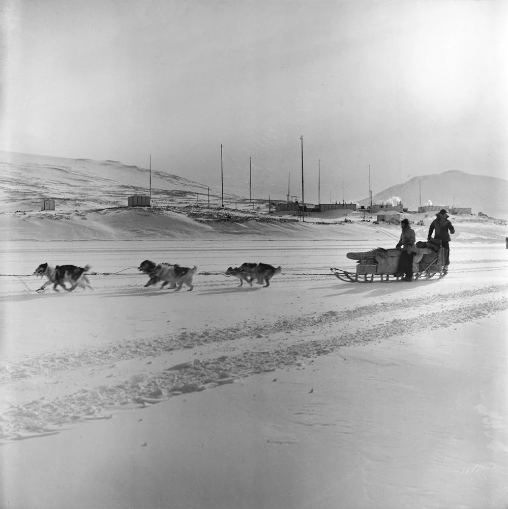 Northern Survey Party members Guyon Warren and Murray Douglas leave Scott Base on 4 October 1957 for a four-month exploration between the Mawson and Skelton glaciers