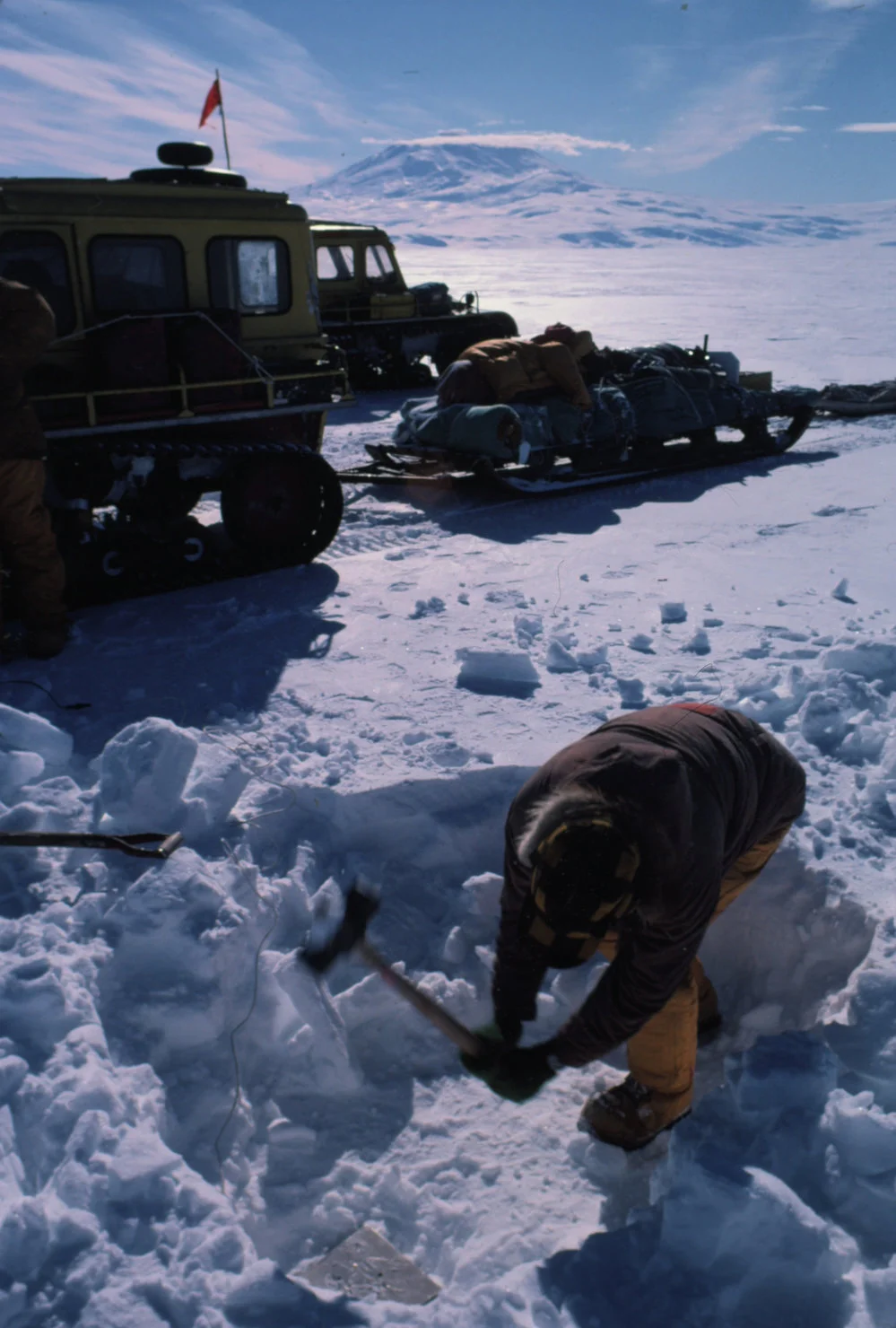 Seismic study - alternative to dynamite to produce shockwave. Ross Ice Shelf with Mount Erebus in the background.