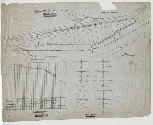 Proposed Diversion Stormwater Drain Mataroa Road, Plan, longsection and cross sections