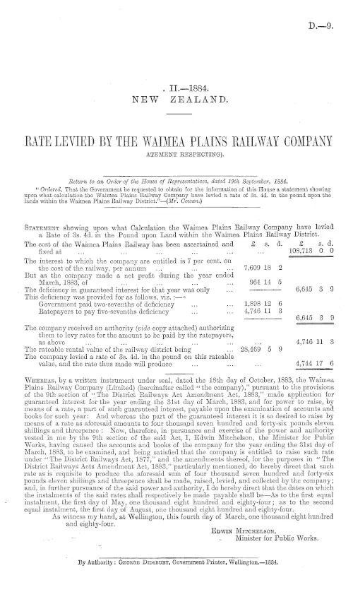 RATE LEVIED BY THE WAIMEA PLAINS RAILWAY COMPANY ATEMENT RESPECTING).
