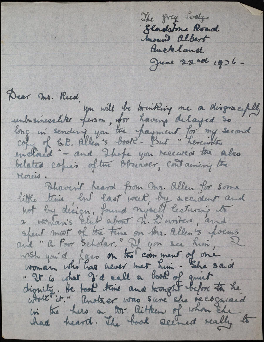 Correspondence from Robin Hyde (Iris Wilkinson) to Mr Reed. 22 June, 1936