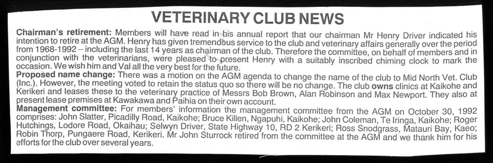 Veterinary Club news
