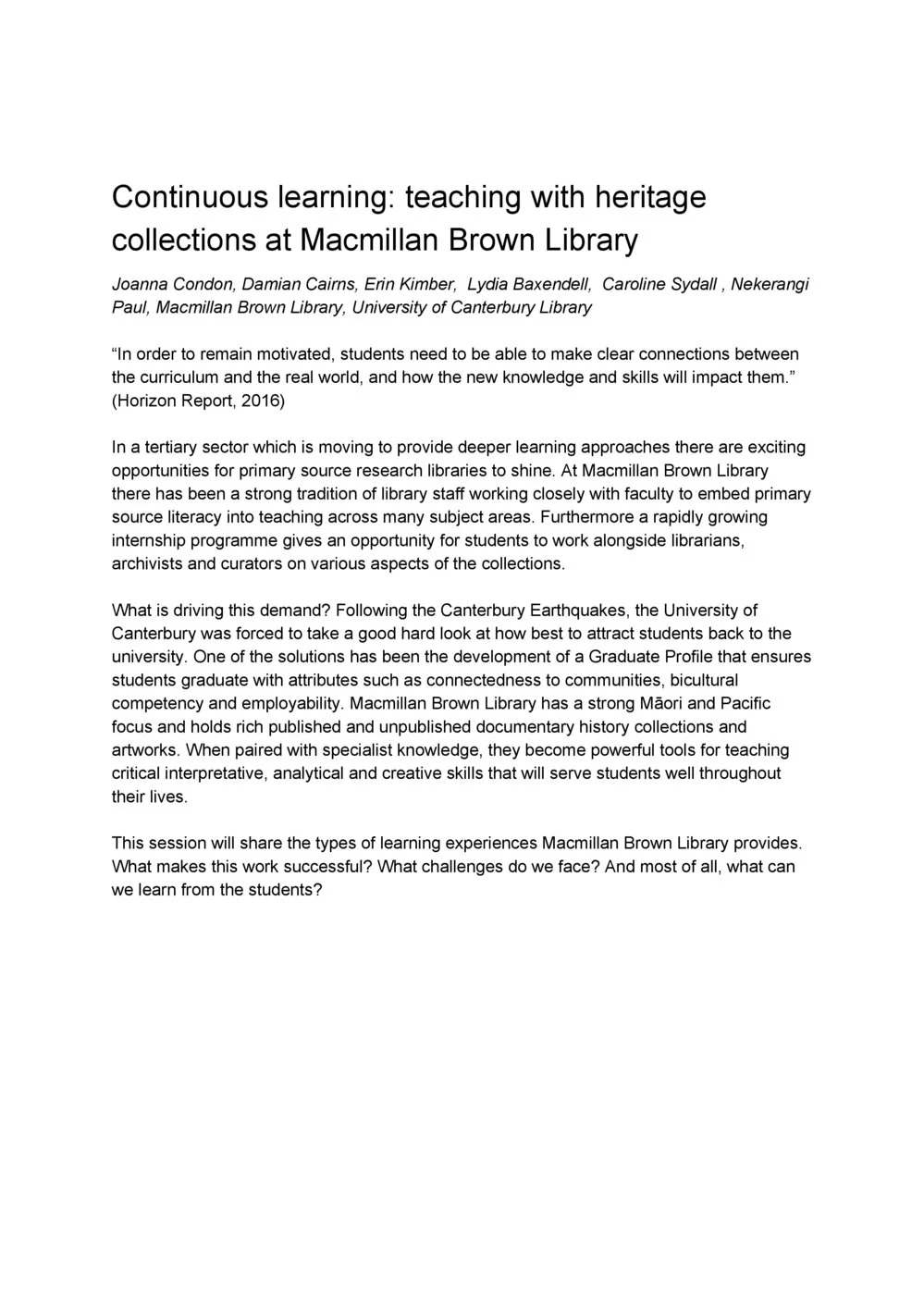Continuous learning: teaching with heritage collections at Macmillan Brown Library