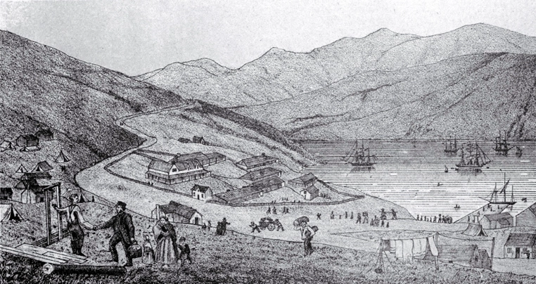 Port Lyttelton, showing the first four ships and emigrants landing from the Cressy, December 28th 1850