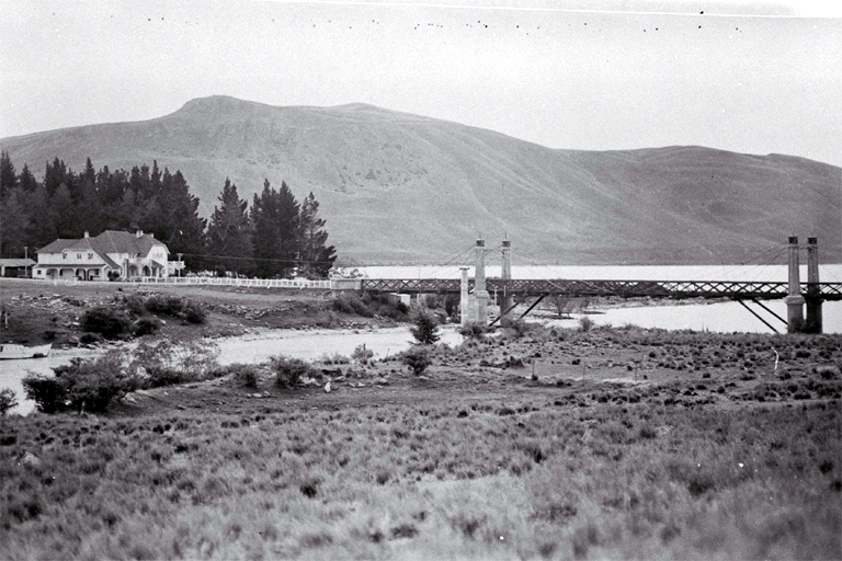 Tekapo suspension bridge, which was opened 7 Sept. 1880, before Lake Tekapo was developed as a power source.