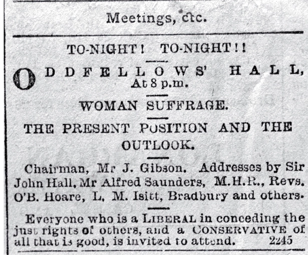 Public notice for a meeting on the present and outlook of woman's suffrage to be held at the Oddfellows Hall, Lichfield Street, Chch.